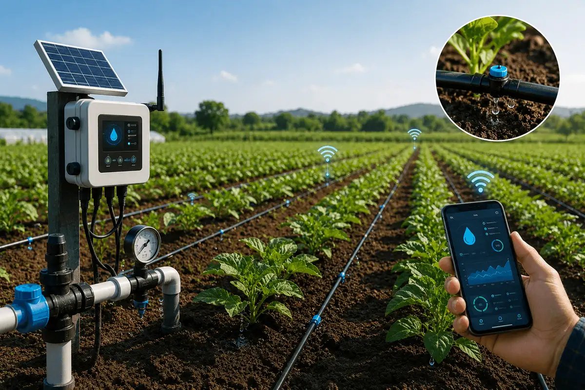 IoT-enabled smart irrigation system with sensors, control dashboard, and automated water management, supporting precision agriculture and efficient resource use.